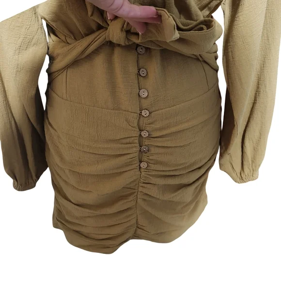 FREE PEOPLE The Only One Mini Dress Womens Small Tan Long Sleeve Ruched Tie Boho - Picture 8 of 16
